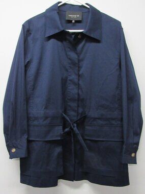 Lafayette 148 Cinch Tie Waist Utility Button Front Navy Blue Jacket sz M Cotton